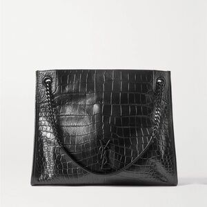 Saint Laurent Black Croc-Embossed Tote with Chain Detail